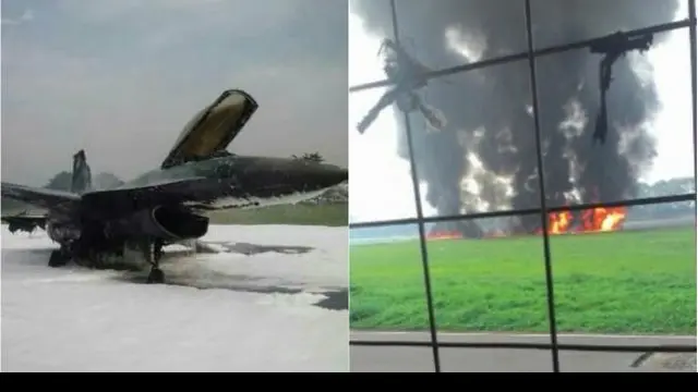 Jet tempur F-16 milik TNI AU meledak di Lanud Halim Perdanakusuma, Kamis (16/4/2015) pukul 08.20 WIB. Pesawat dengan dengan tail number TS-1643 itu tengah dalam misi Fly Pass Pembaretan Presiden Joko Widodo atau Jokowi sebagai Warga Kehormatan.