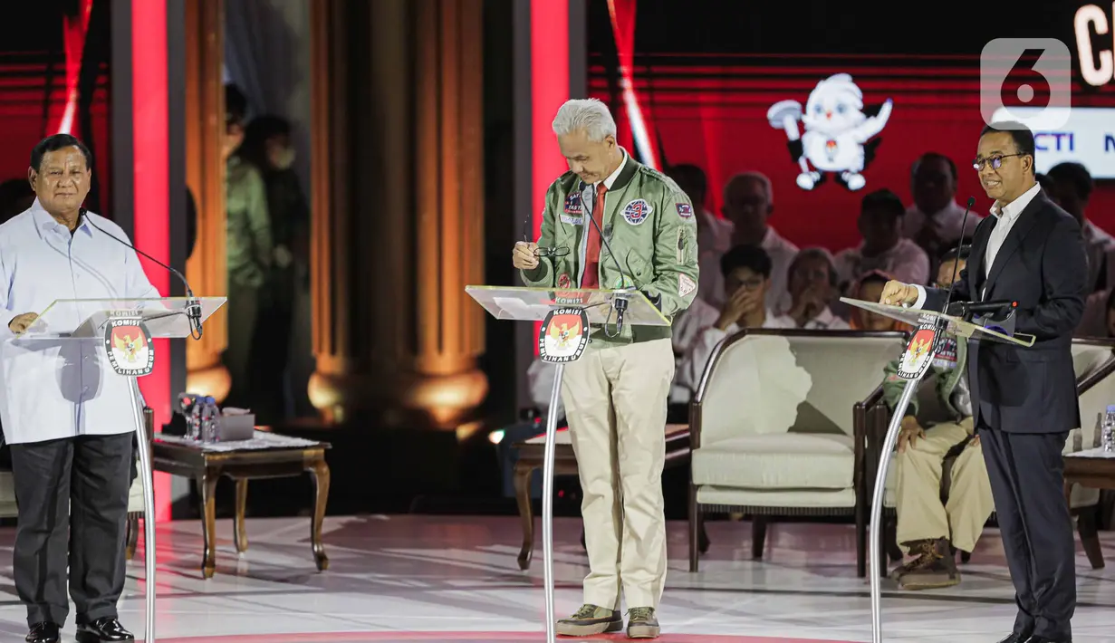 Debat ketiga Pilpres 2024 mengangkat tema pertahanan dan keamanan, hubungan internasional dan globalisasi, serta geopolitik dan politik luar negeri. (Liputan6.com/Faizal Fanani)
