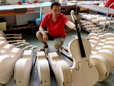 Pekerja memeriksa selo di sebuah bengkel kerja di Queshan, Provinsi Henan, China, Rabu (20/5/2020). Kawasan industri penghasil alat musik tersebut mampu memproduksi 30.000 biola dan selo setiap tahun. (Xinhua/Zhu Xiang)