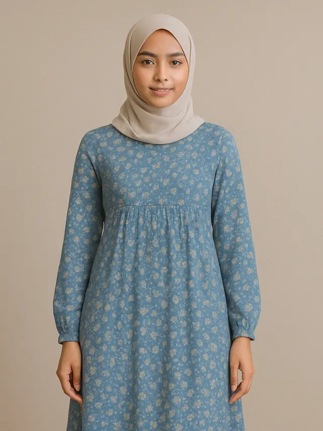 Gamis Empire Waist Bermotif Bunga Kecil (Foto: Rizka Nur Laily via ChatGPT)