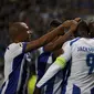  Porto's Jackson Martinez (9) is congratulated by his team mates Yacine Brahimi (L), Alex Sandro and Bruno Martins Indi (R)after scoring his goal against Bayern Munich during their Champions League quarterfinal first leg soccer match at Dragao stadium in 