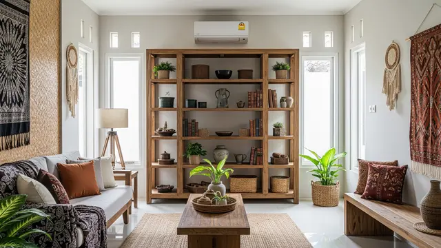 Model Ruang Tamu Nuansa Pedesaan Modern Sederhana dengan Tampilannya Elegan Model Ruang Tamu dengan Rak Terbuka