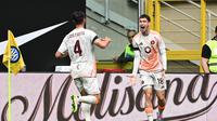 Selebrasi pemain Roma Matias Soule saat melawan Inter Milan di arena Liga Italia (AFP)