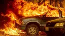 Kendaraan dan sebuah rumah dilalap api saat kebakaran Dixie berkobar di Greenville, California, Amerika Serikat, 5 Agustus 2021. Kebakaran Dixie masih menyebar berkat angin kencang dan kelembapan yang sangat rendah. (JOSH EDELSON/AFP)