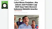 Cek Fakta: Hoaks Artikel Luhut Sebut Jika Jokowi Jadi Presiden Lagi Ekonomi RI Melebihi Amerika