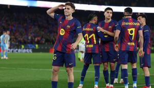 Gelandang Spanyol Barcelona bernomor punggung 16, Fermin Lopez, merayakan gol keempat timnya selama pertandingan leg kedua babak 16 besar Liga Champions UEFA antara FC Barcelona dan Newcastle United di stadion Camp Nou di Barcelona, ​​pada 19 Maret 2026. (Lluis GENE/AFP)