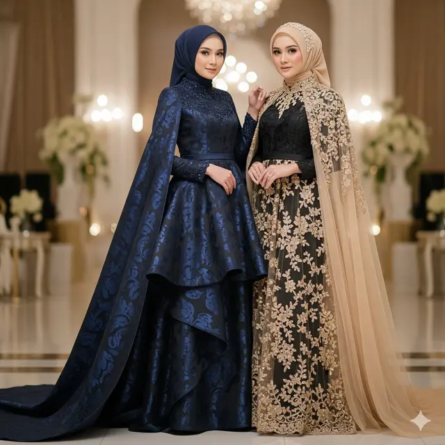 Tips Styling Dress Panjang Pesta Modern Kombinasi Cape Muslimah