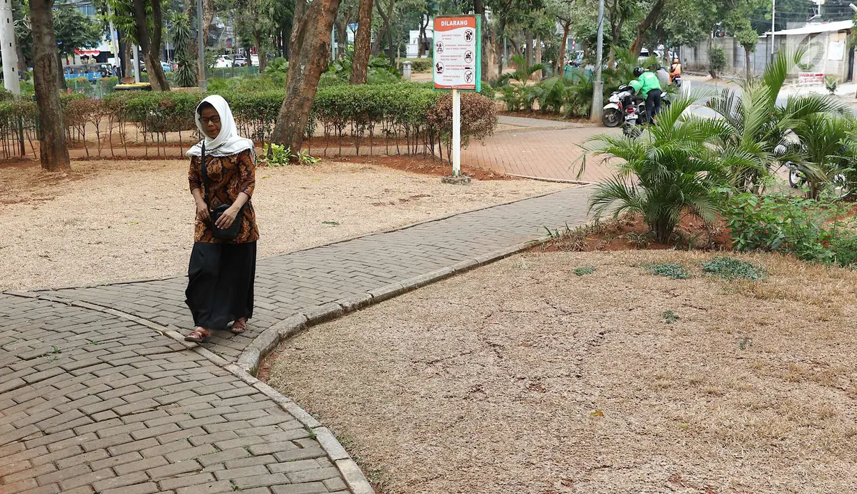 Warga berada di Taman Sepeda, Jakarta Selatan, Sabtu (25/8). Kurangnya perawatan serta musim kemarau yang masih berlangsung di Ibukota membuat rumput dan sejumlah tanaman di taman tersebut mati akibat kekeringan. (Liputan6.com/Immanuel Antonius)