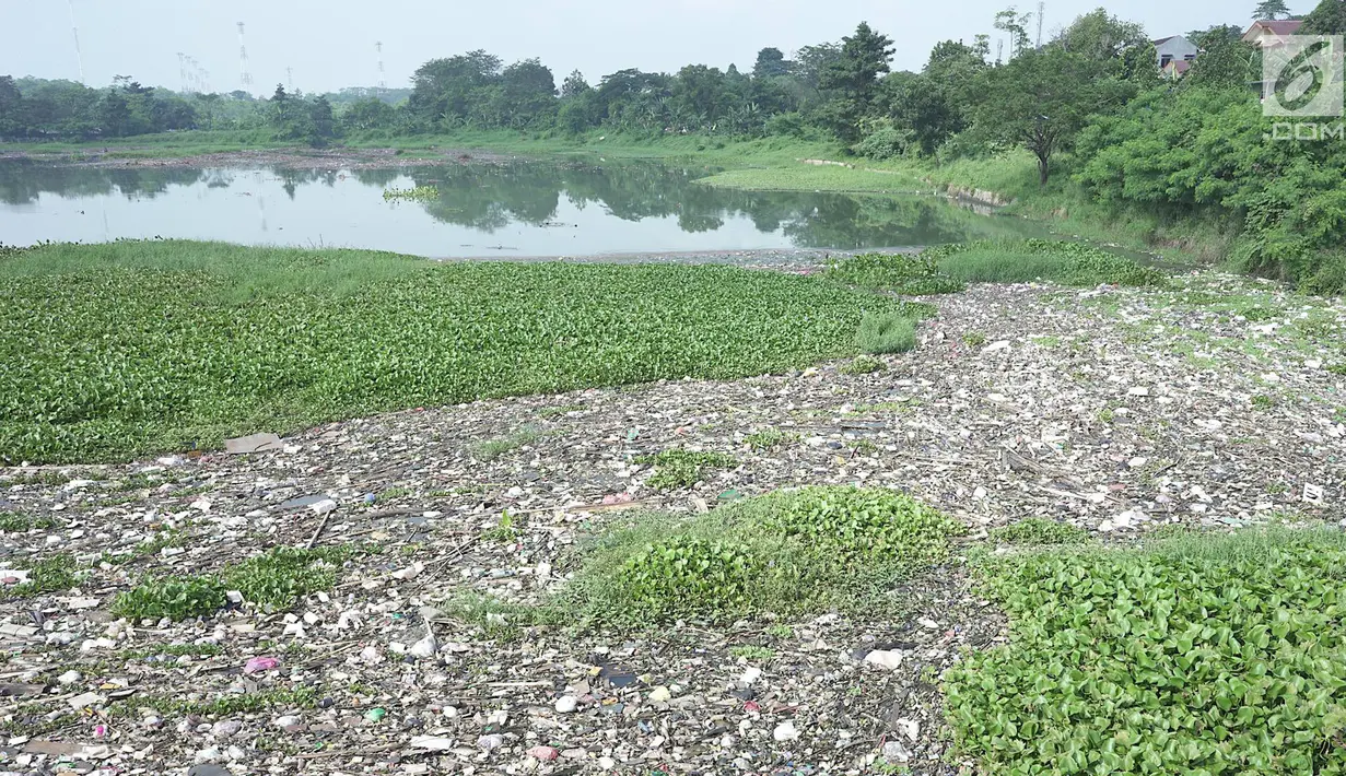 Pemandangan Setu Pengarengan yang dipenuhi sampah dan eceng gondok di Depok, Jawa Barat, Selasa (7/5/2019). Keberadaan sampah dan eceng gondok di Setu Pengarengan menimbukan kesan kumuh. (Liputan6.com/Immanuel Antonius)