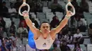 Kejuaraan Dunia Senam Artistik 2025 menjadi sejarah baru karena untuk pertama kalinya kejuaraan dunia dilangsungkan di negara Asia Tenggara. Tampak dalam foto, Eleftherios Petrounias dari Yunani berkompetisi di alat cincin saat Kejuaraan Dunia Senam Artistik ke-53 di Jakarta, Minggu 19 Oktober 2025. (AP Photo/Achmad Ibrahim)