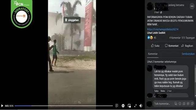 Gambar Tangkapan Layar Video yang Diklaim SPBU di Tuban Dibakar Massa Saat harga BBM Naik (sumber: Facebook).