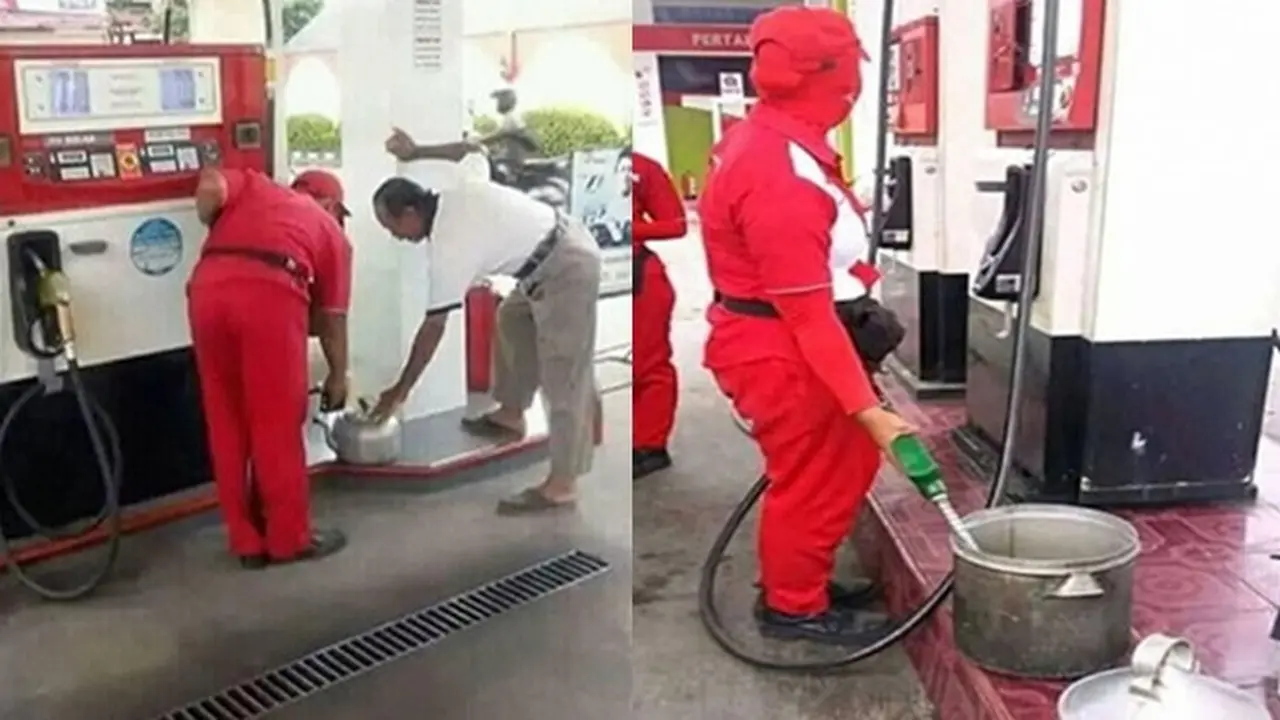 Tak Bawa Motor, 6 Potret Orang Isi Bensin Pakai Wadah Ini Nyeleneh
