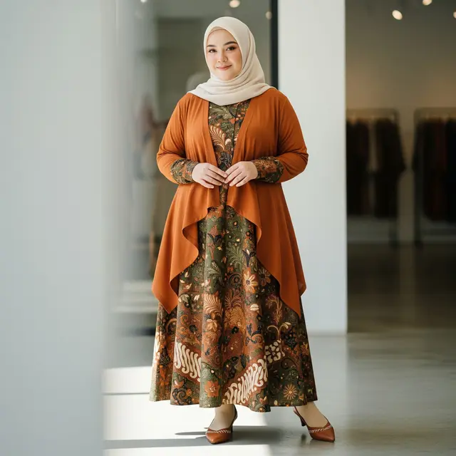 Gamis Batik Hijab Cardy A-Line untuk Tubuh Berisi