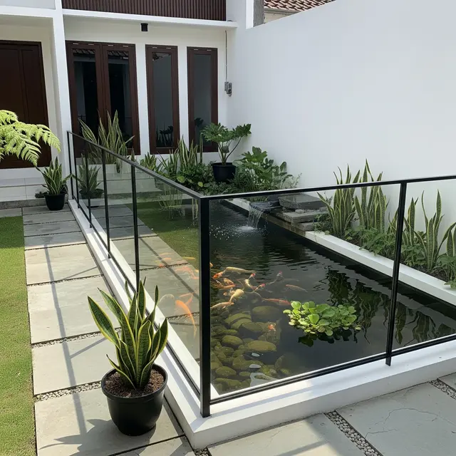 9 Desain Kolam Ikan dengan Pagar Kaca agar Anak Tidak Mudah Mendekat