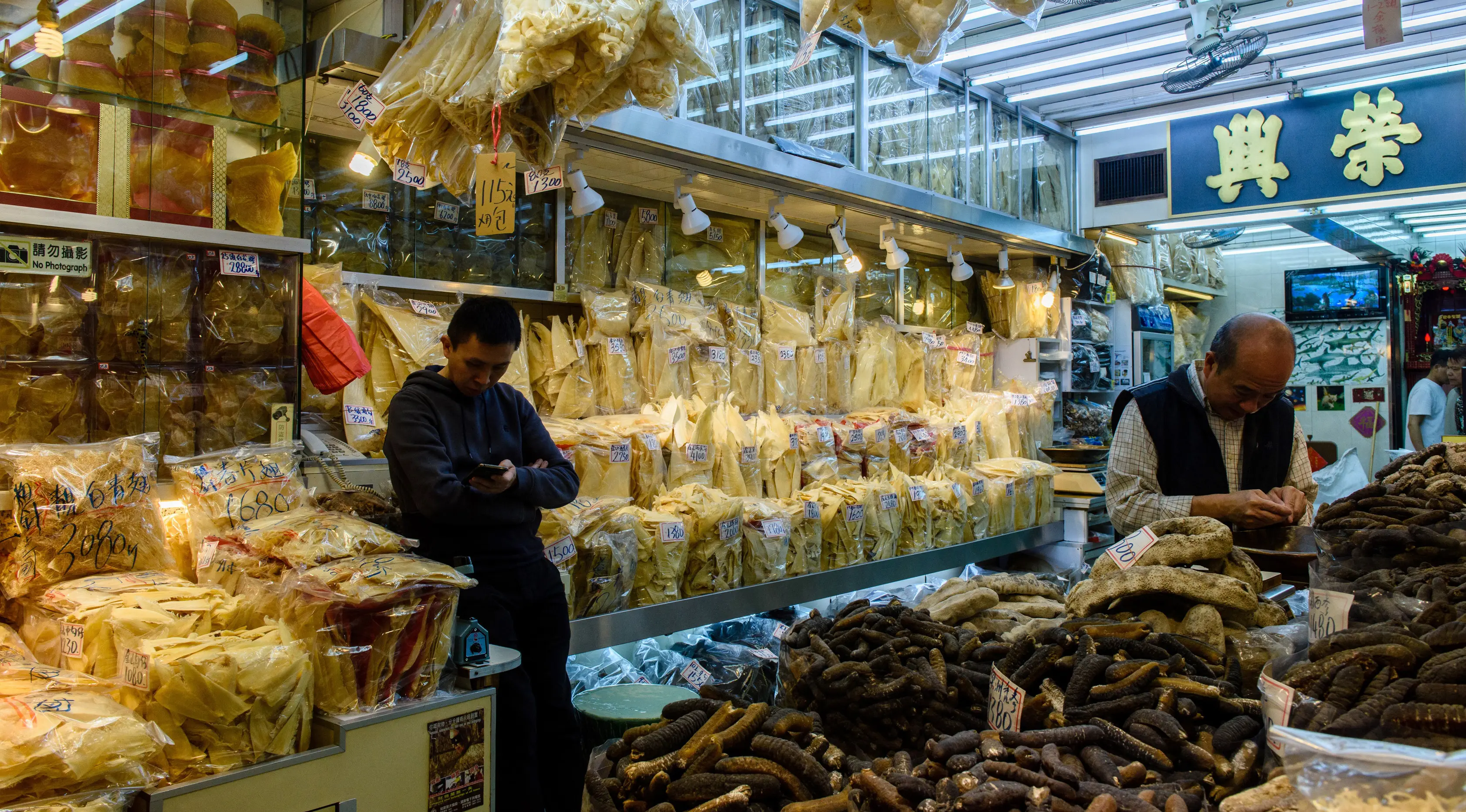 Seorang pedagang sirip ikan hiu menunggu pembeli di tokonya di Hong Kong (6/3). Pada tahun 2013 pemerintah kota setempat menyatakan berhenti mengkonsumsi sirip ikan hiu yang biasanya dihidangkan dalam acara-acara resmi. (AFP/Anthony Wallace)