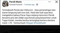 Seorang pengguna facebook bernama Fernand Fernand mengklaim memergoki pacarnya berselingkuh dengan pria lain pada laga Persik Kediri kontra Bhayangkara FC. (Twitter/Facebook)