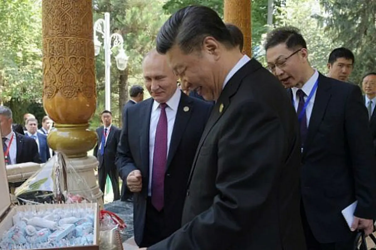 Presiden Rusia Vladimir Putin menghadiahi Presiden China Xi Jinping sekotak besar es krim untuk ultah ke-66 (Sputnik / AFP PHOTO)