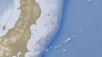 Peta lokasi gempa Jepang 11 Maret 2011, menunjukkan titik-titik gempa utama dan gempa susulan di lepas pantai timur Jepang. (earthobservatory.nasa.gov)