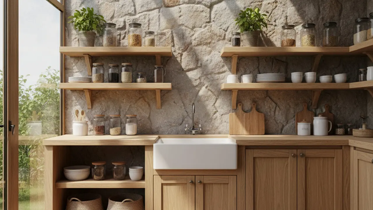 Desain Dapur Minimalis 2x3 Meter dengan Rak Kayu Gantung Ala Rustic Modern. Gemini