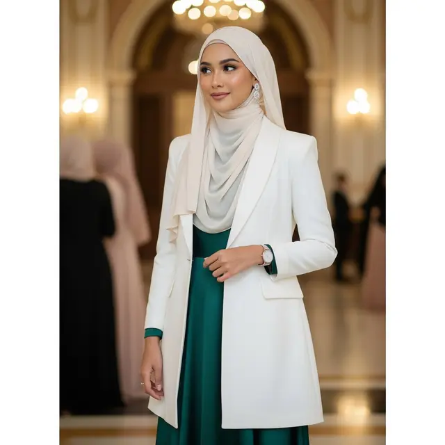 Dress Satin Polos + Blazer Putih Clean Cut