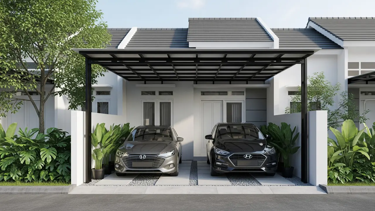 Model Carport Minimalis untuk 2 Mobil di Lahan Sempit dengan Rangka Besi Hollow