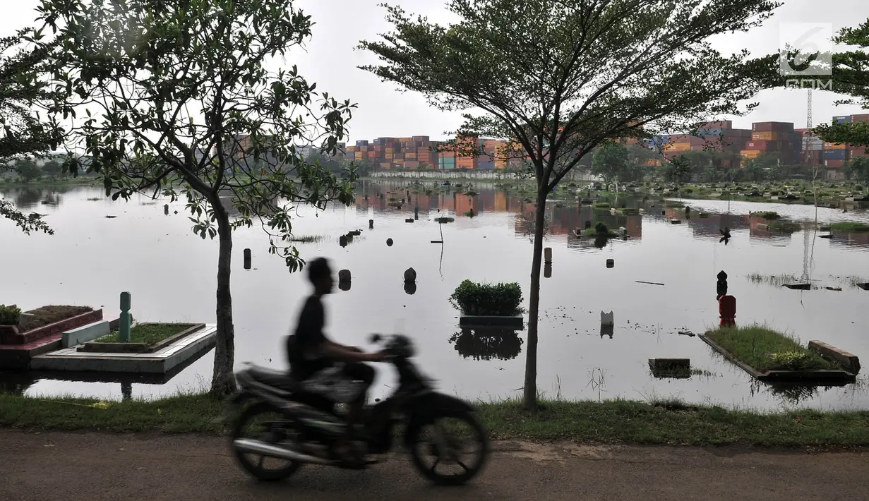 Pengendara sepeda motor melintasi ratusan makam yang terendam banjir di TPU Semper, Jakarta, Selasa (4/12).  (Merdeka.com/Iqbal S. Nugroho)