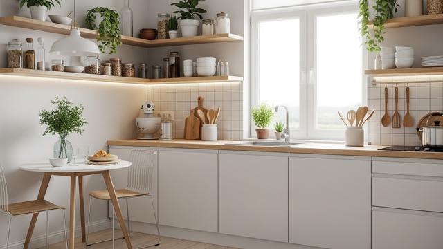 Kombinasi Warna Putih Bersih dan Rak Terbuka