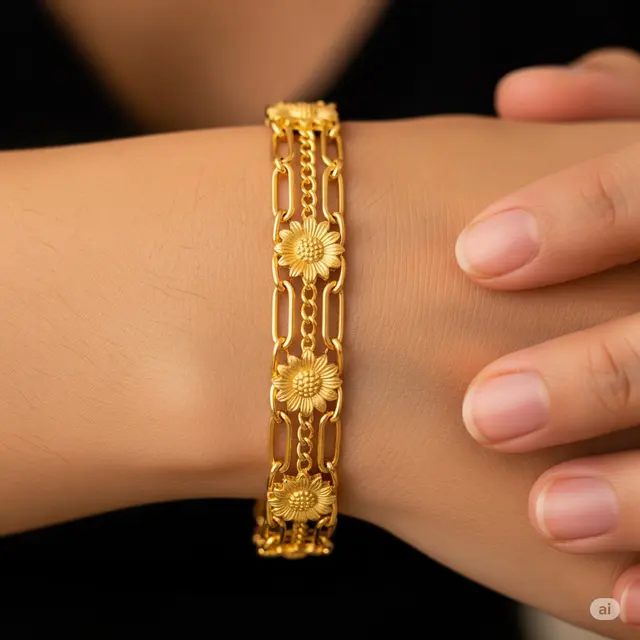 Bangle Motif Bunga Matahari & Rantai Adjustable