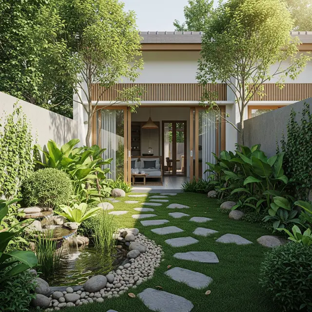 Desain Rumah Kecil Tropis dengan Taman Belakang
