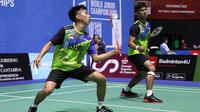 Aksi ganda putra Indonesia, Muh Putra Erwiansyah/Muhammad Rayhan Nur Fadillah, di Kejuaraan Dunia Junior 2022, di Santander, Spanyol. (PBSI)