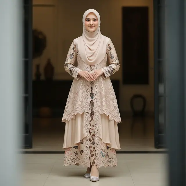 Gamis Batik Brokat Warna Champagne