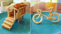 Seorang ayah membuat roti panggang berbentuk unik, agar anaknya mau makan.