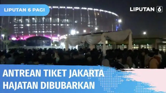 Penukaran tiket acara Jakarta Hajatan di Kompleks Jakarta International Stadium, Jumat (24/06) malam dihentikan seiring makin panjangnya antrean. Sejauh ini sudah lebih dari 6.000 lembar tiket yang ditukarkan dari 20 ribu lembar yang disediakan panit...