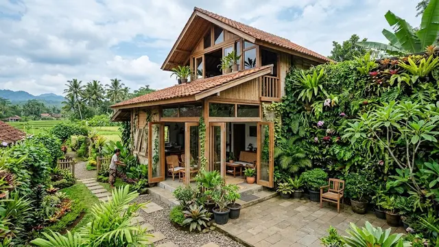 Ide Rumah Kampung dengan Bukaan Besar dan Tanaman/AI Generated