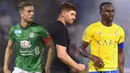Foto kolase pemain Al-Ettifaq Jordan Henderson, Pelatih kepala Al-Ettifaq Steven Gerrard, dan Pemain Al-Nassr Sadio Mane pada laga pekan pertama Liga Arab Saudi 2023/2024 di Prince Mohamed bin Fahd Stadium, Dammam, Selasa (15/08/2023) dini hari WIB. (Foto: AFP dan Twitter)