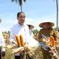 Presiden Joko Widodo (Jokowi) bersama Menteri Pertanian (Mentan) Andi Amran Sulaiman meninjau jalannya panen raya jagung di Desa Kotaraja, Kecamatan Dulupi, Kabupaten Boalemo, Provinsi Gorontalo.