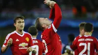 Striker Manchester United Wayne Rooney merayakan gol ke gawang Club Brugge pada leg kedua play-off Liga Champions di Jan Breydelstadion, Kamis (27/8/2015). (Liputan6.com/ Reuters / Yves Herman Livepic)