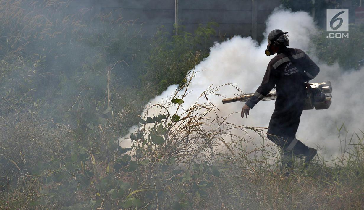 Petugas dari Puskesmas Kecamatan Cengkareng melakukan pengasapan (fogging) untuk membasmi nyamuk Demam Berdarah di Kawasan Kedaung, Jakarta Barat, Selasa (23/4). Pengasapan (fogging) bertujuan untuk membunuh nyamuk dewasa. (merdeka.com/Imam Buhori)