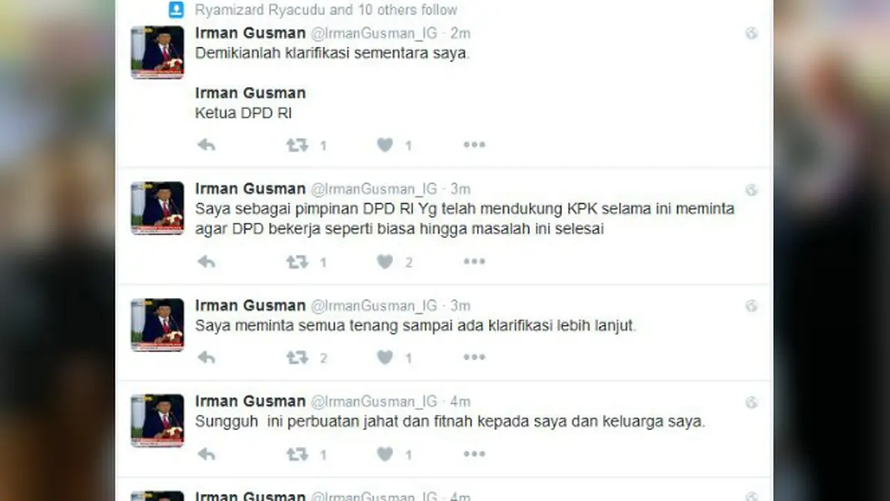 Twitter Ketua DPD RI Irman Gusman