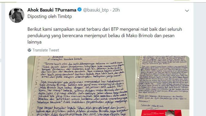 Surat dari Basuki Tjahaja Purnama atau Ahok jelang kebebasannya Kamis, 24 Januari 2019. (Twitter @basuki_btp)