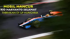 Mobil Rio Haryanto hancur saat menabrak dinding pembatas di Sirkuit Hungaroring, Sabtu (23/7/2016). Ia selamat dan start dari posisi buncit hari ini