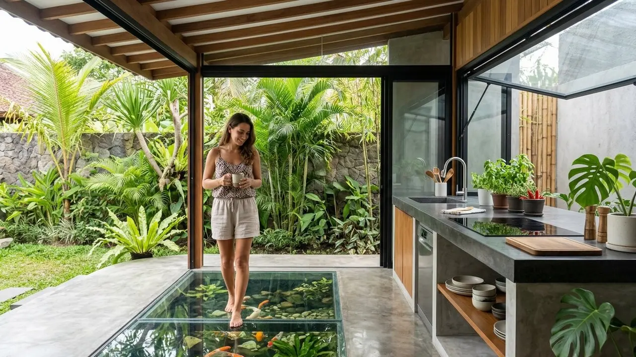 Desain Dapur Semi Outdoor dengan Kolam Ikan Mini