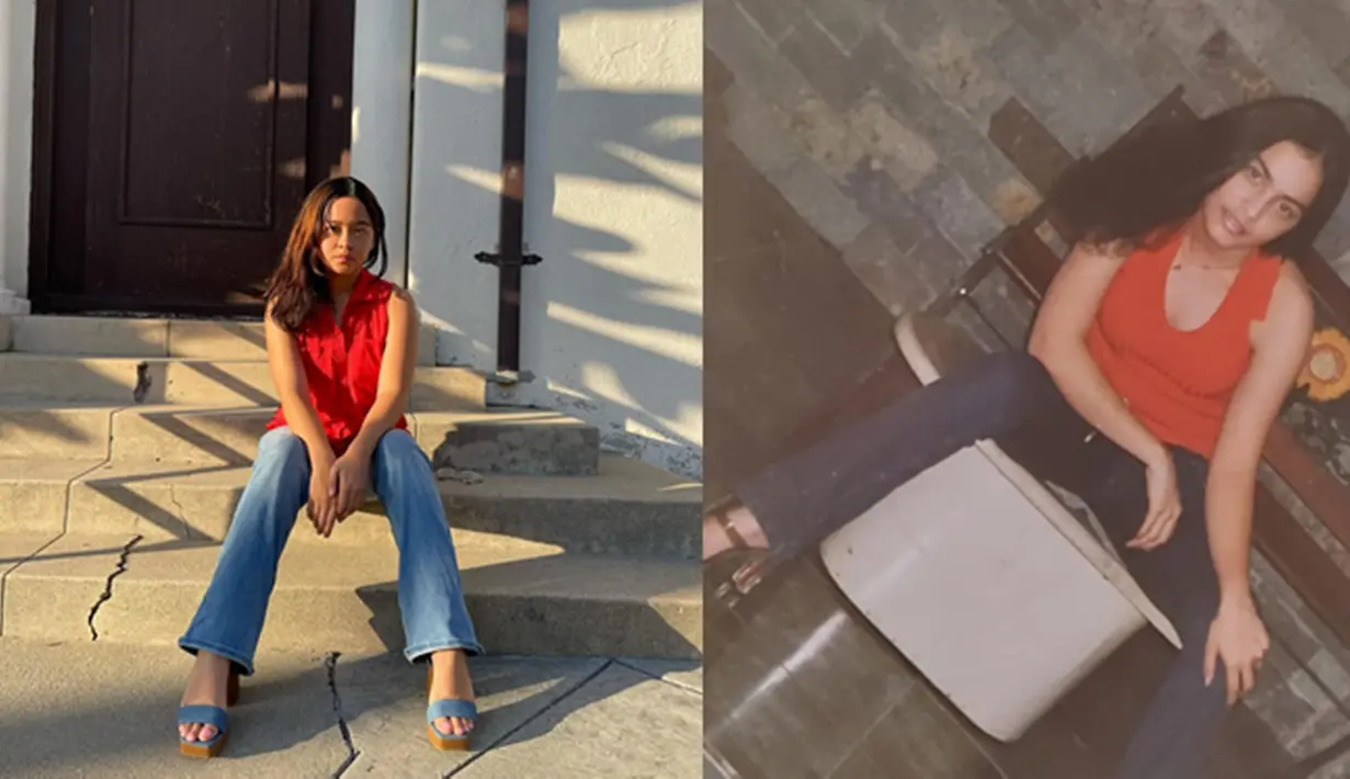 Cinta Kuya mengunggah beberapa potret dirinya tak memakai kacamata. Di antara foto tersebut, ada dua foto Astrid Kuya saat masih muda. Cinta tampak memakai baju merah, bak meniru gaya yang dikenakan Astrid di foto lawasnya. (Liputan6.com/IG/@cintakuya)