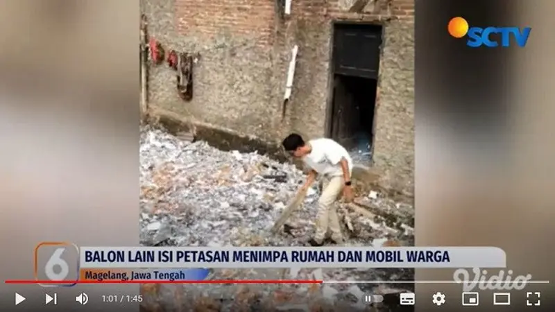 Sebuah balon udara berisi petasan jatuh di Perumahan Pesona Kota Mungkid, Kabupaten Magelang, Jawa Tengah, pada Jumat 12 April 2024. Akibat kejadian ini lima rumah warga dan satu unit mobil rusak. (sumber: Facebook)