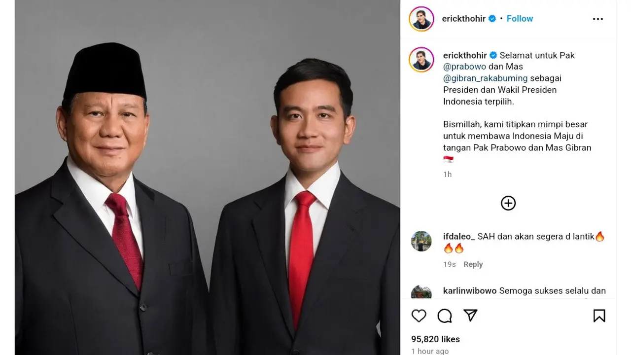 Menteri BUMN Erick Thohir titip pesan ke Prabowo-Gibran usai pengumuman resmi KPU yang menyatakan pasangan nomor urut 2 itu menjadi pemenang