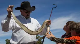 Cliff Jones menunjukkan ular derik di depan JD Farmer (9) dan Carter Farmer (7) setelah melakukan perburuan dalam kompetisi Roundup Rattlesnake Sweetwater di Texas, Amerika Serikat, Sabtu (10/3). (Loren Elliott/AFP)