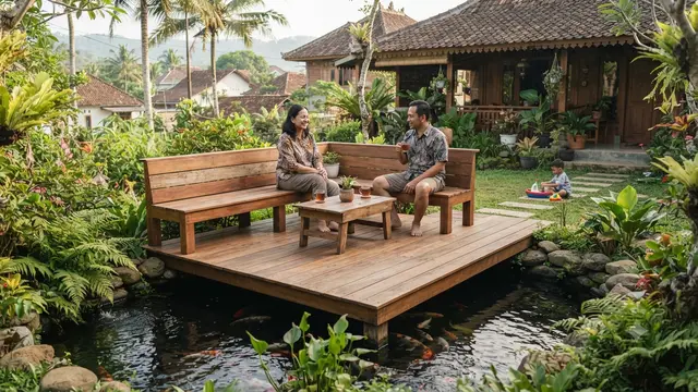 Model Dek Kayu Mini di Atas Kolam, Solusi Cantik untuk Ruang Santai Outdoor Desain Bangku Menyatu