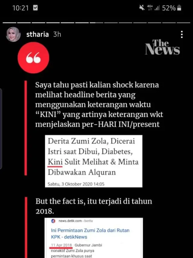 Penjelasan mantan istri Zumi Zola, Sherrin Tharia, mengenai gangguan penglihatan yang dialami mantan suaminya (Instagram Stories)