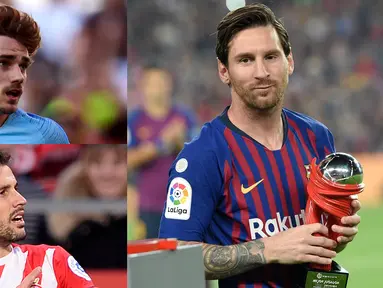 Lionel Messi semakin memperkokoh posisinya di puncak raihan pencetak gol terbanyak La Liga Spanyol. The Messiah mencetak satu gol tunggal kemenangan Barcelona atas Real Valladoid di Camp Nou. (Kolase Foto AFP)