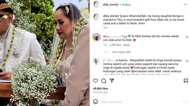 Unggahan ibunda Ashraf Sinclair tentang pernikahan BCL - Tiko Aryawardhana. (Instagram/ dida_sinclair)